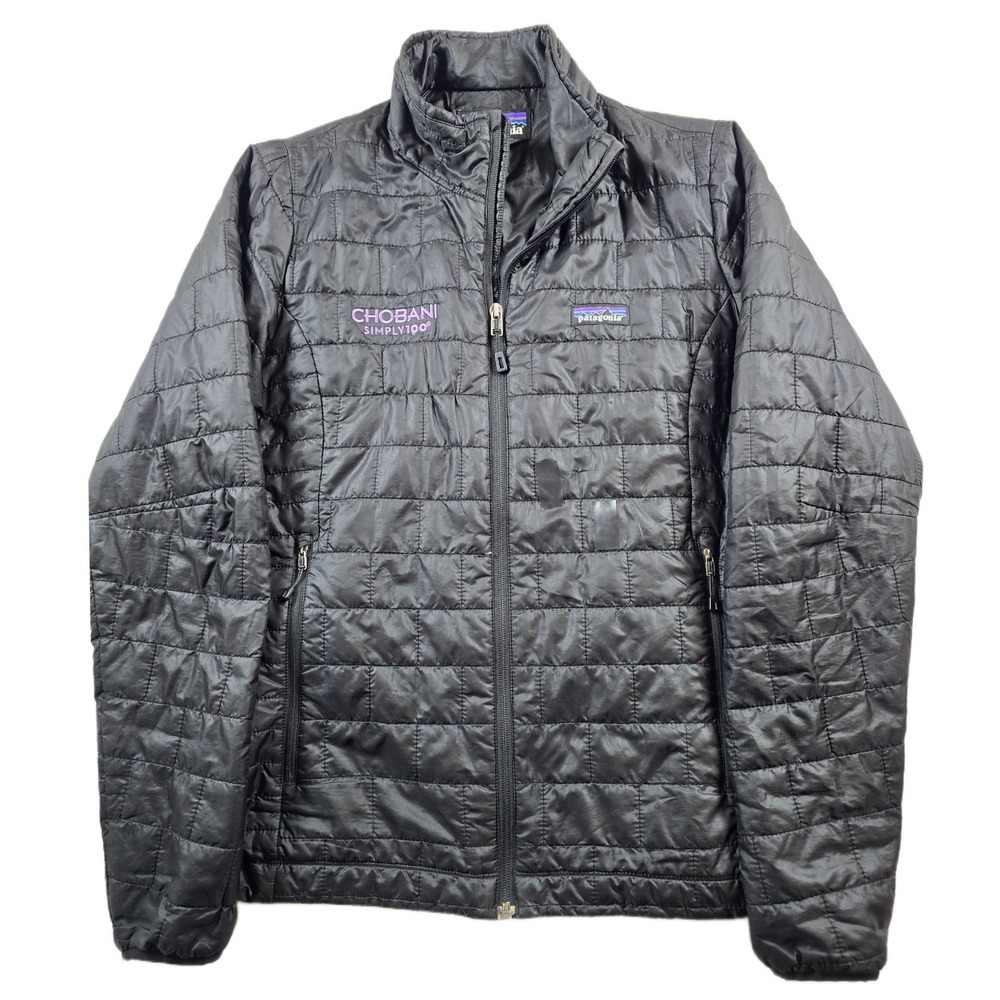 Patagonia Nano Puff Jacket Womens Medium Black Quilted PrimaLoft Chobani Logo